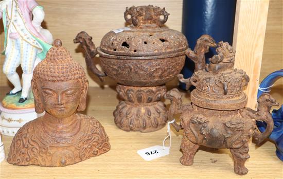 Two Chinese cast iron censers and a bust of Buddha, tallest 24cm